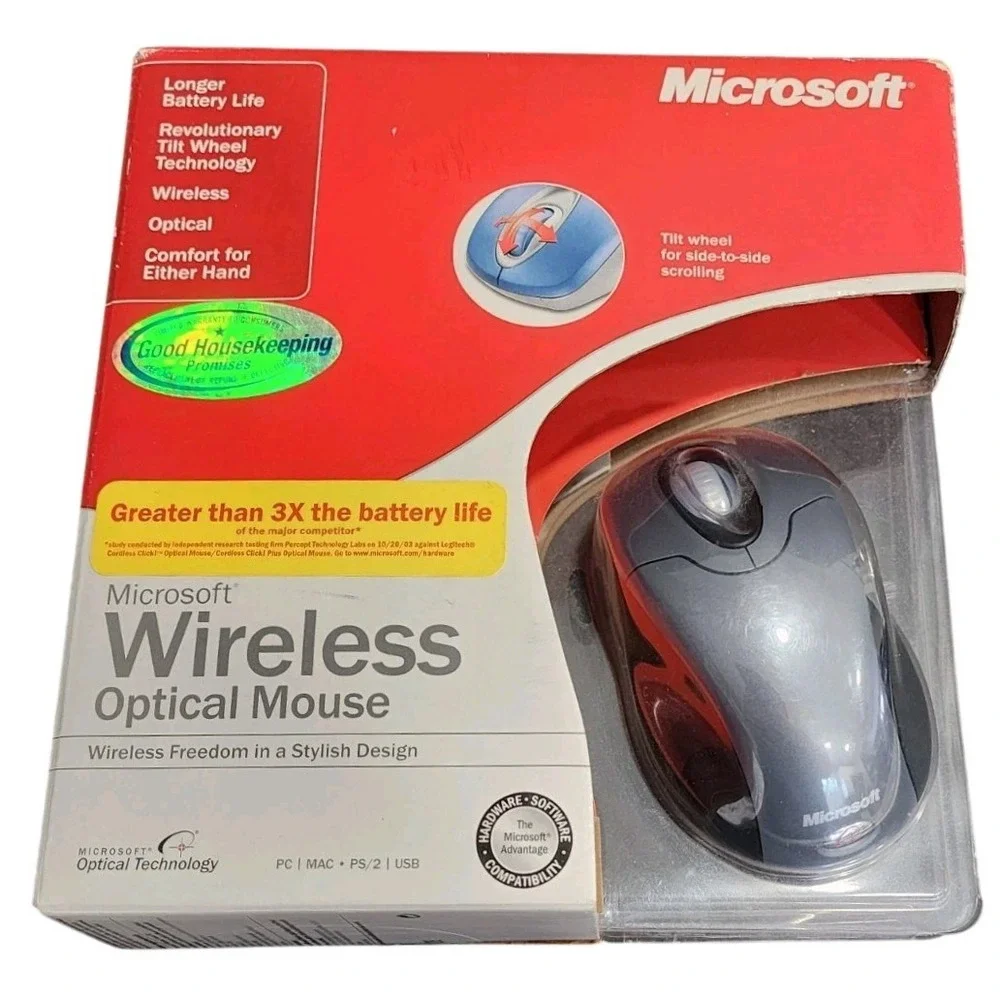 Microsoft Wireless Optical Mouse 2.0 Model 1008 Gray USB PS/2 PC Mac NEW Vintage